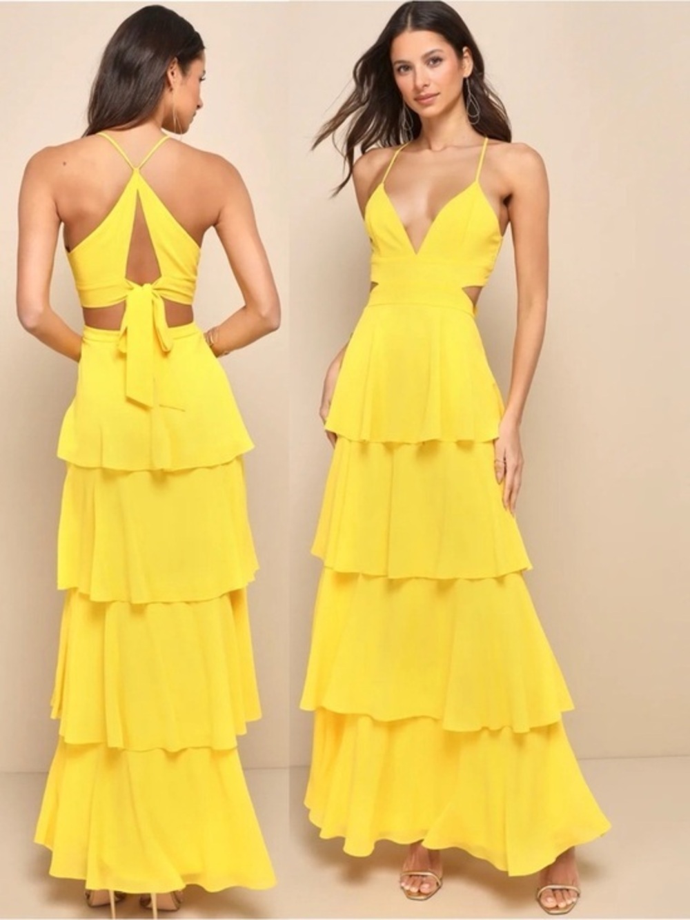 NWT Lulu’s Tier and Now Yellow Tie-Back Tiered Maxi Dress Small